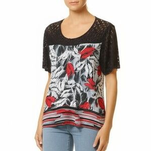 Ivy Ridge Blouse Size S Black Red Botanical Lace Sleeve Pullover Artsy Boho Chic